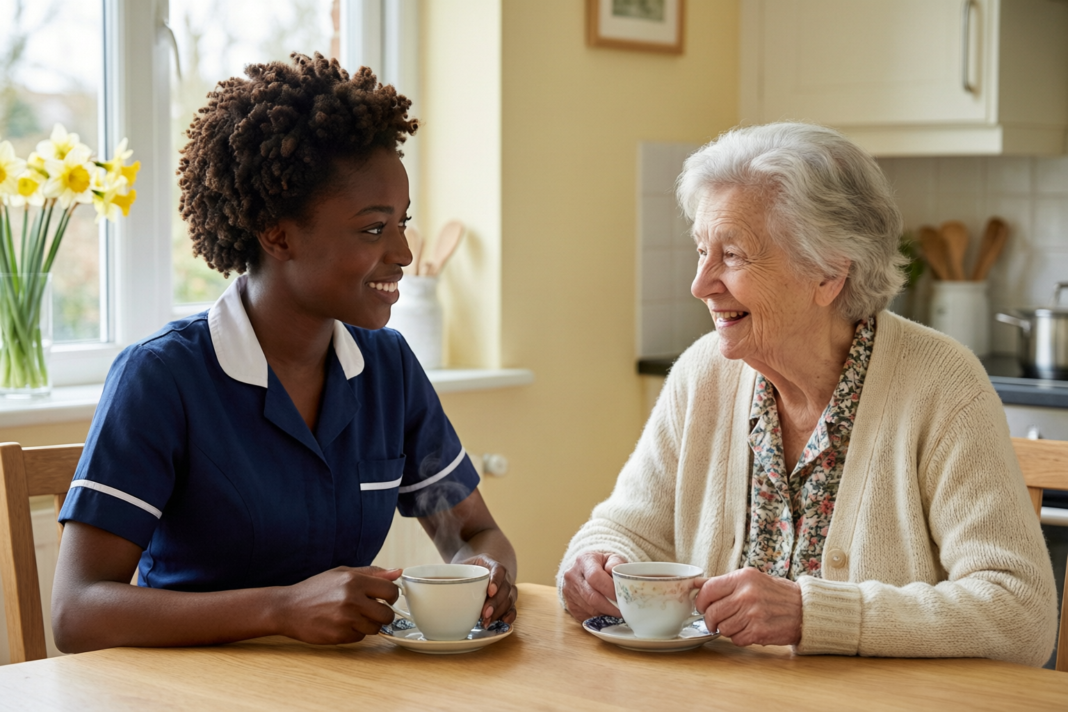 A support worker in a navy uniform and an older customer sharing cups of tea at a kitchen table
