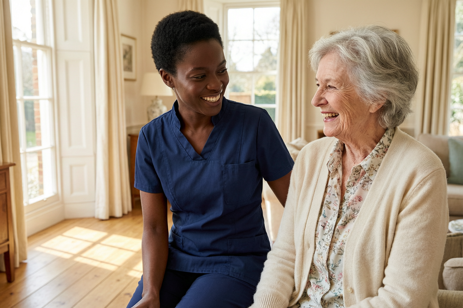 A companion sitting beside an older woman, sharing a laugh